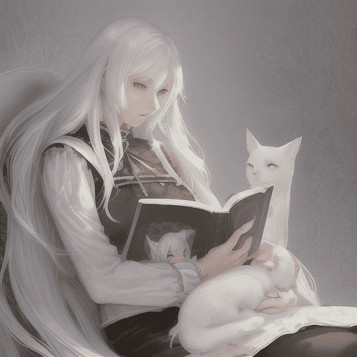 AI generated: anime girl reading a book with a cat on her lap, perfect white haired girl, girl with white hair, wh...