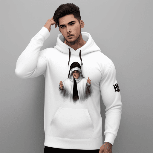 AI generated: Sudadera blanca con capucha y la palabra "Dios" en las mangas

