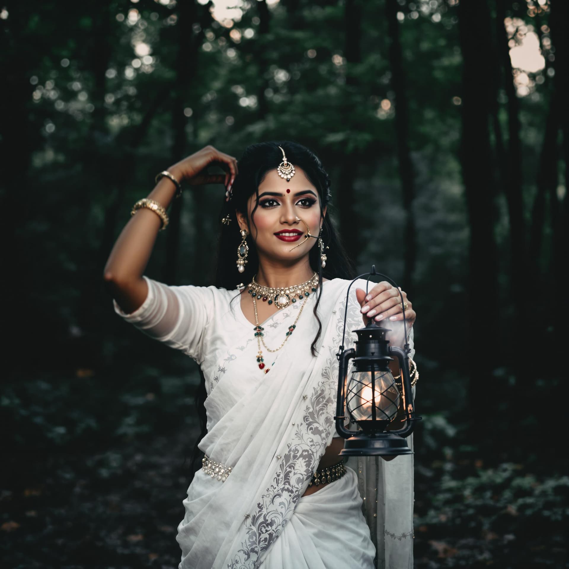 AI generated: a photo of Indian woman in white traditional dress holding an old lantern, dark forest background, s...