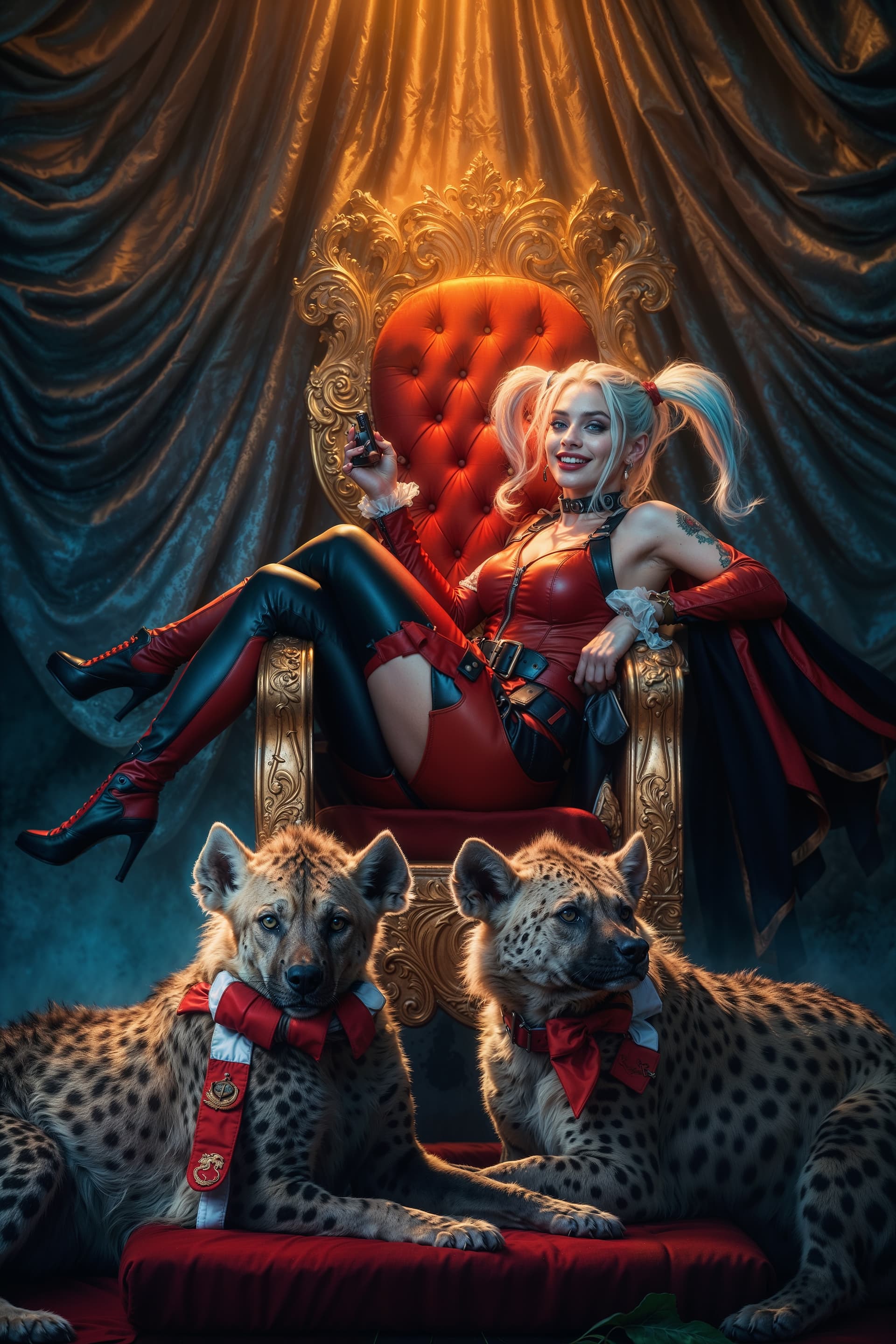 AI generated: A Full Body photo shot of Classic Harley Quinn, sitting on her throne chair, smile (happy), beauty, ...