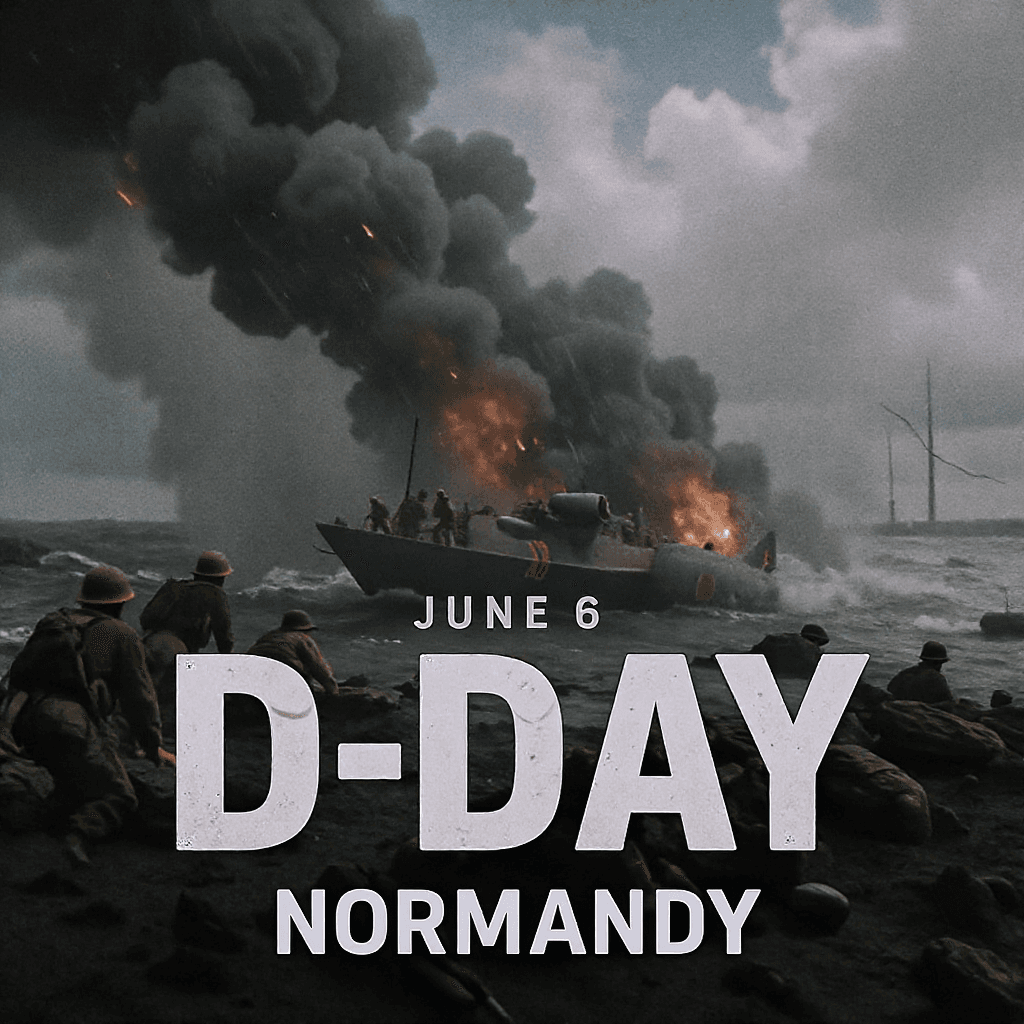 AI generated: Create a dynamic, cinematic image of D-Day. Bottom centered text that says "June 6, 1944 - Normandy"