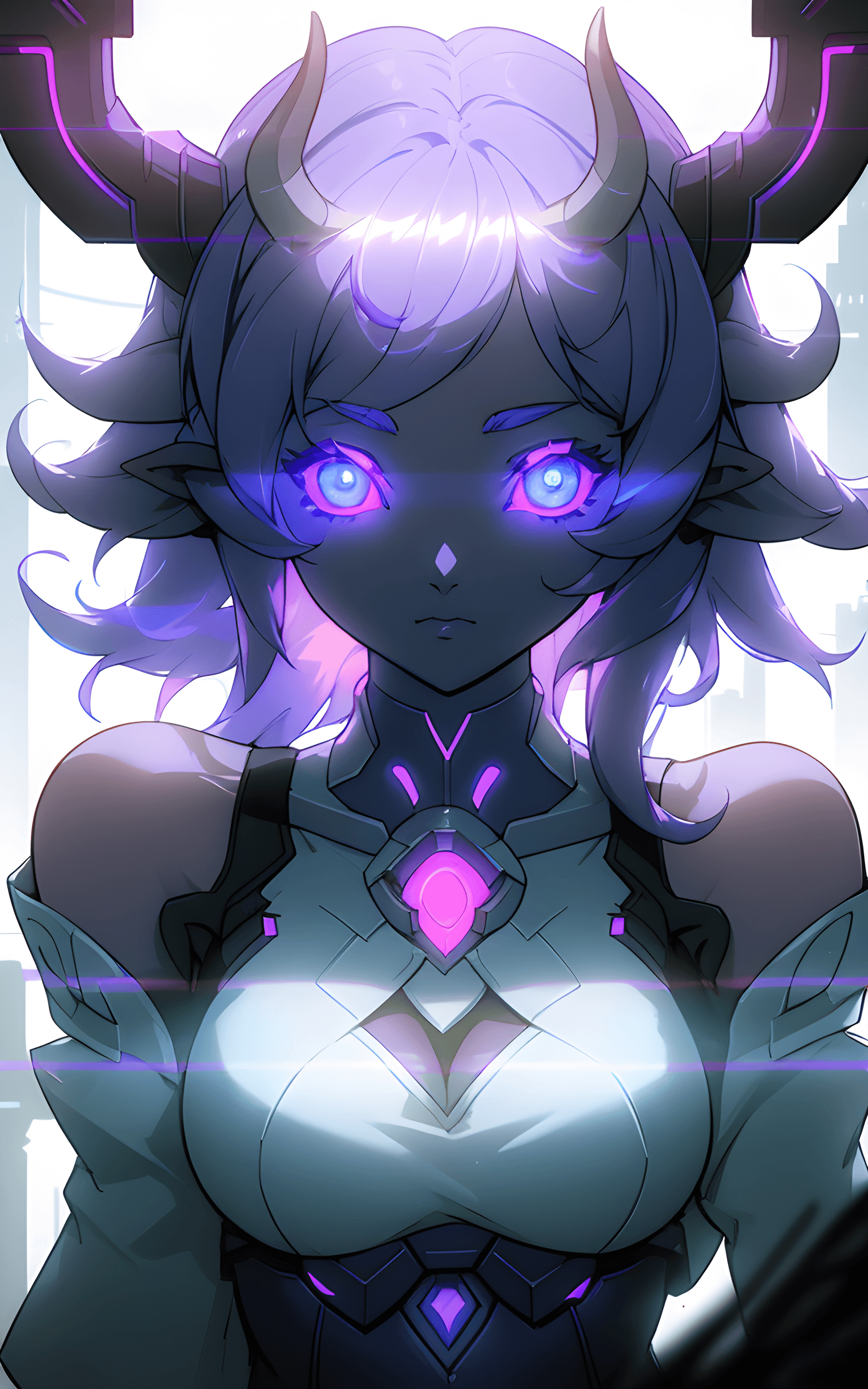 AI generated: a gorgeous draenei girl over a future cityscape, depth of field, oversized shirt, off one shoulder, ...