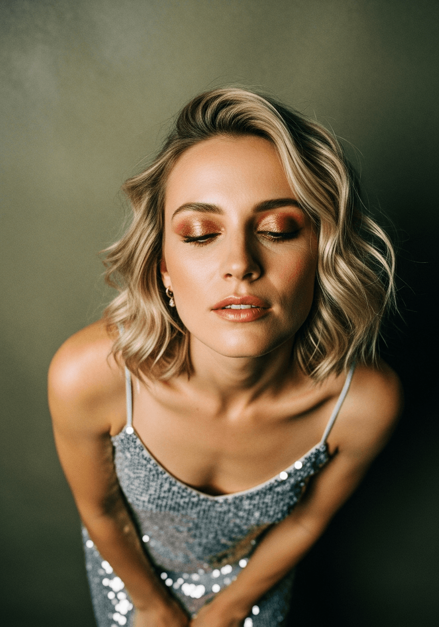 AI generated: A high-quality 35mm film photograph of a woman with a blonde wavy bob leaning forward toward the cam...