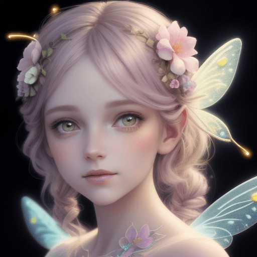 AI generated: fairy with flowers, pastel colors, extremely detailed, lights, glow, bee, detailed face