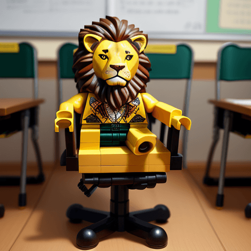 AI generated: a lion sit on classroomchair all parts will be created by lego full body