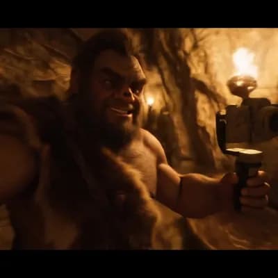 AI generated video: A medium selfie-style shot filmed on a wide-angle 24mm lens. A hyperrealistic Neanderthal—broad, mus...
