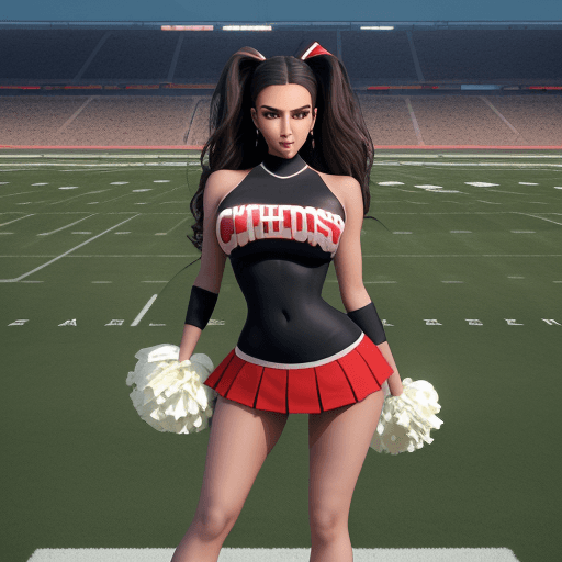 AI generated: (koh_kimkardashian:0. 85) dressed as a cheerleader standing on (((football field))) , (high detailed...