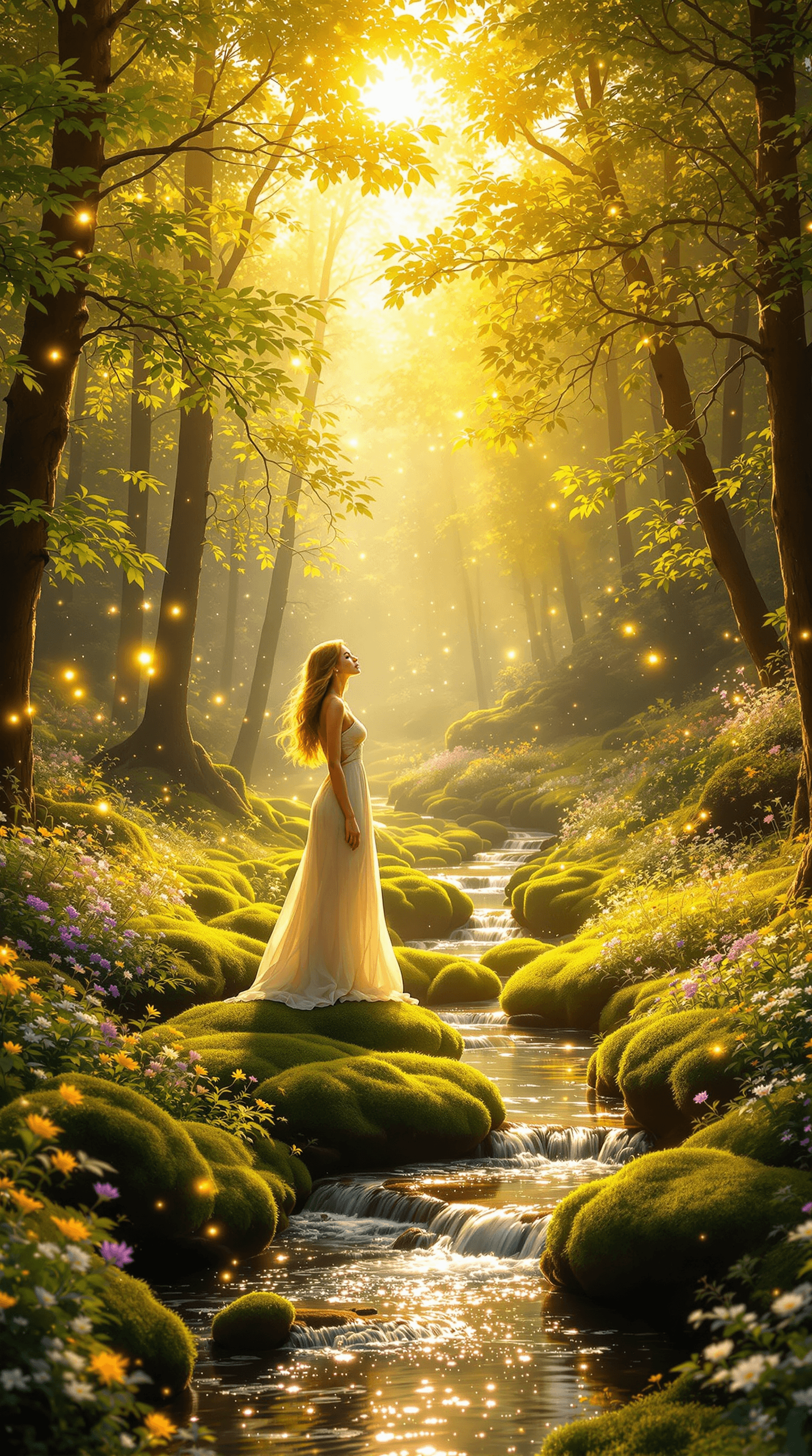 AI generated: a radiant woman stands gracefully in a serene forest clearing, bathed in the golden, warm light of a...