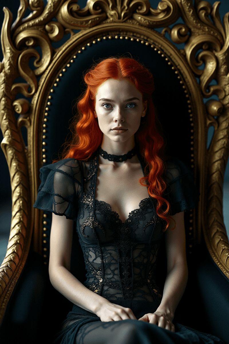 AI generated: A professional photo from below of a young queen sitting on a black throne made of gold, with a serp...