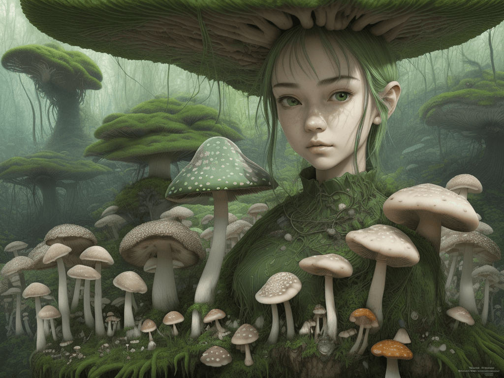 AI generated: mushroom people, intricate, realistic face, detailed portrait, detailed face, green outfit, insanely...