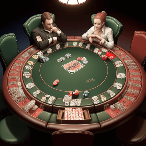 AI generated: a poker table with cards and chips with characters in interesting positions and drinks on table