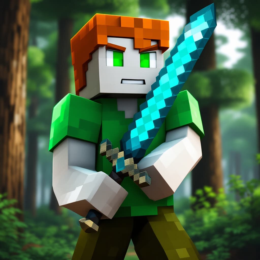 AI generated: ginger with white skin, green eyes and a green shirt in minecraft with a diamond sword in a forest