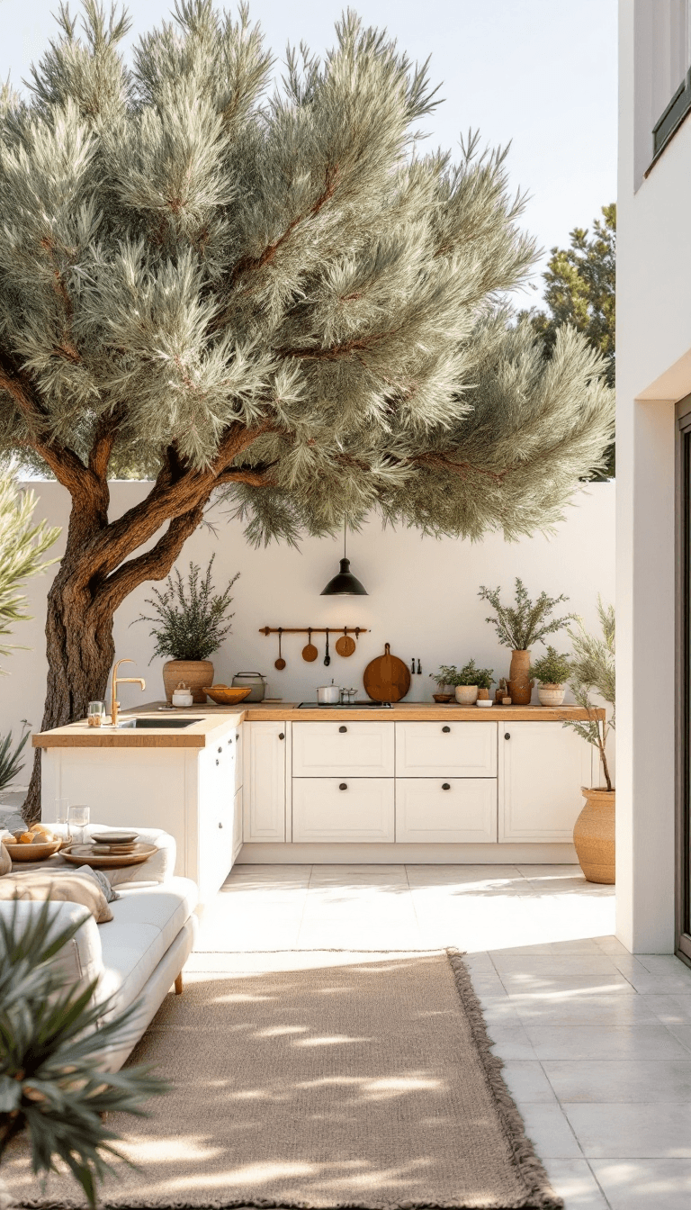 AI generated: photo of a gorgeous sunlit outdoor kitchen in Ibiza style, Spanish finca, Ibiza, big olive tree, sum...