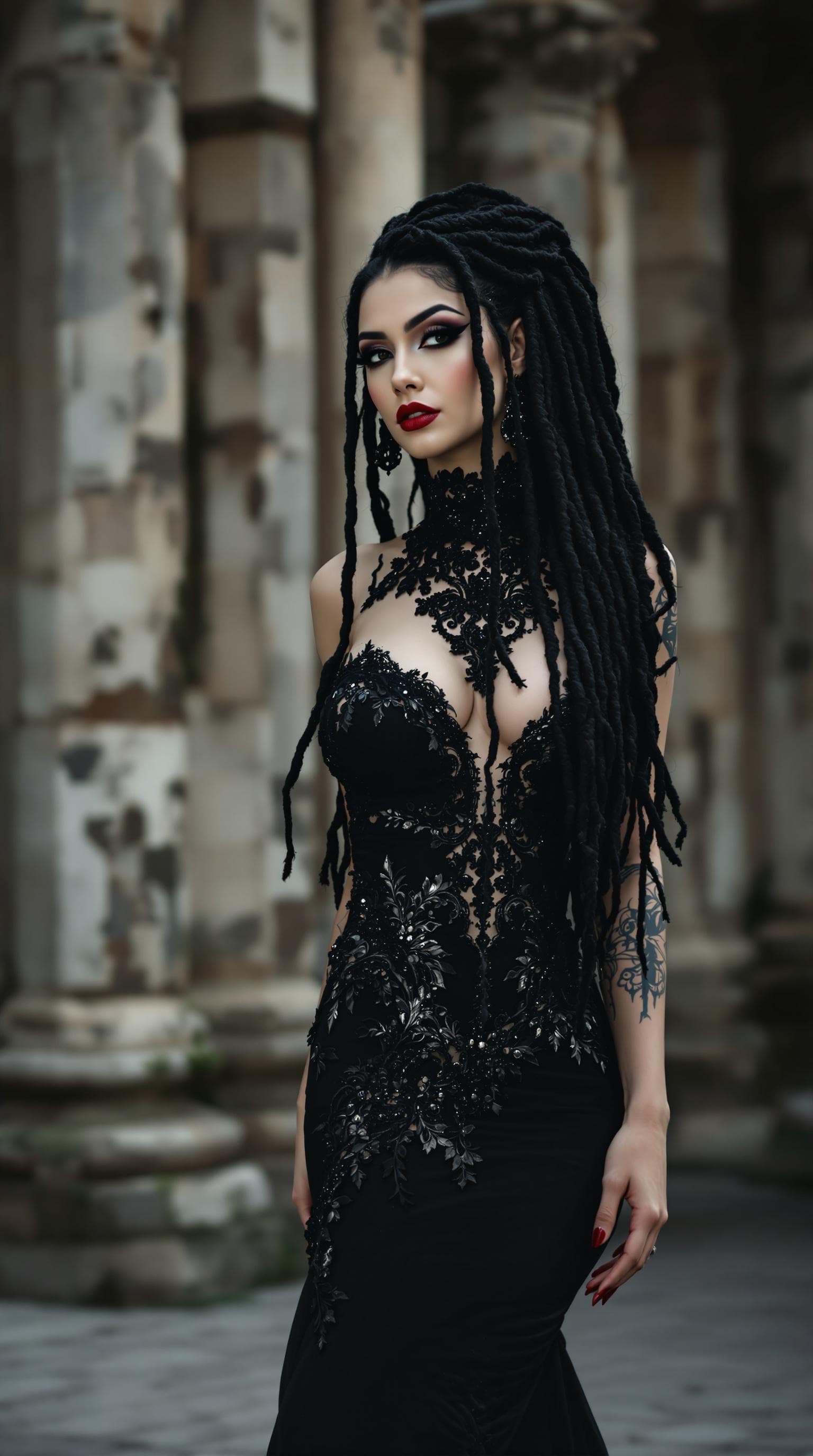 AI generated: Shot with a Panasonic Lumix GH7 The image features a woman with a striking appearance, dressed in an...