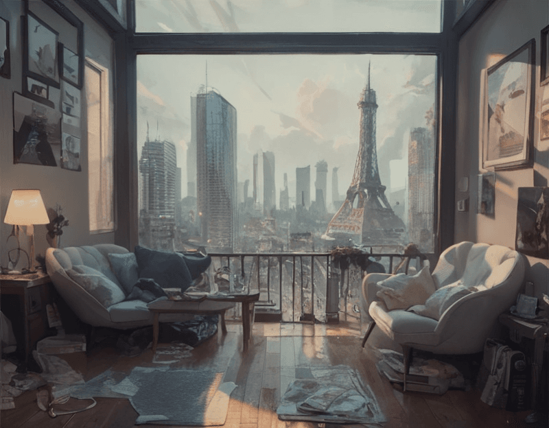 AI generated: semi-realistic, apartment, new york, city, furniture
