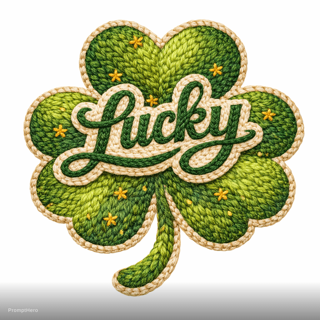 AI generated: handmade crochet four leaf clover patch, embroidered yarn texture, the word "Lucky" stitched across ...