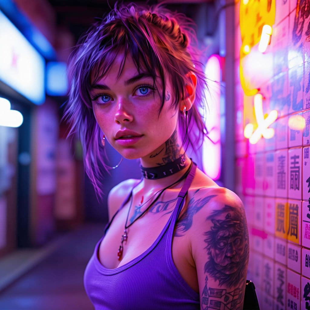 AI generated: a girl in a purple top in a neon city, in the style of chinapunk, iconic album covers, blue eyes, ta...