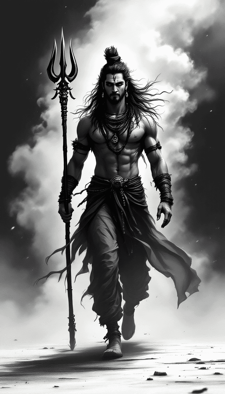 AI generated: A digital drawing of an lord shiva with trident (trishul), full body, walking, wearing traditional o...
