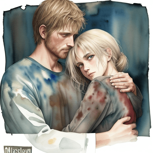 AI generated: Watercolor scene of a husband, his clothes stained with signs of coming home from hard work, holding...