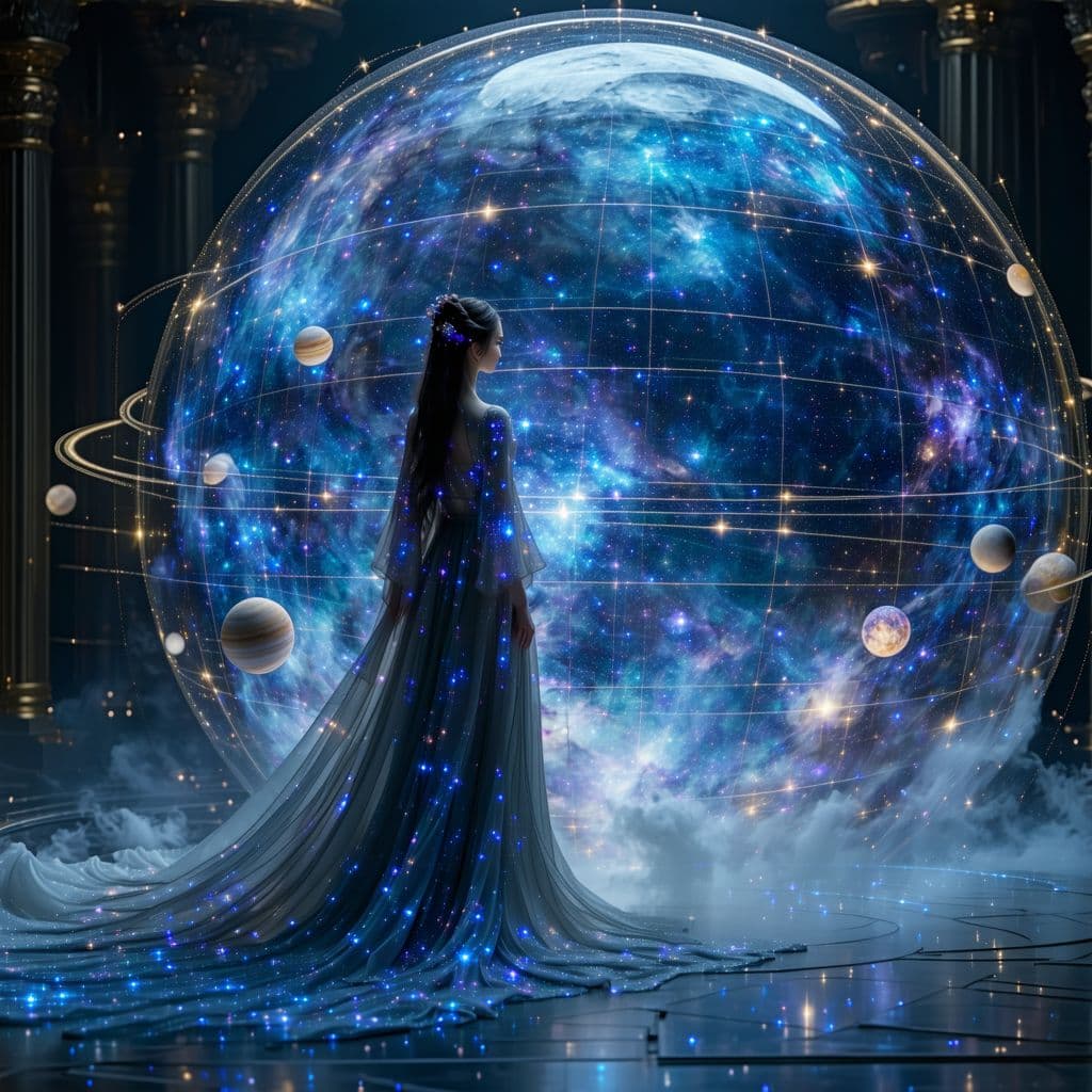 AI generated: A solitary celestial navigator, her form shimmering like captured starlight, her long, flowing hair ...