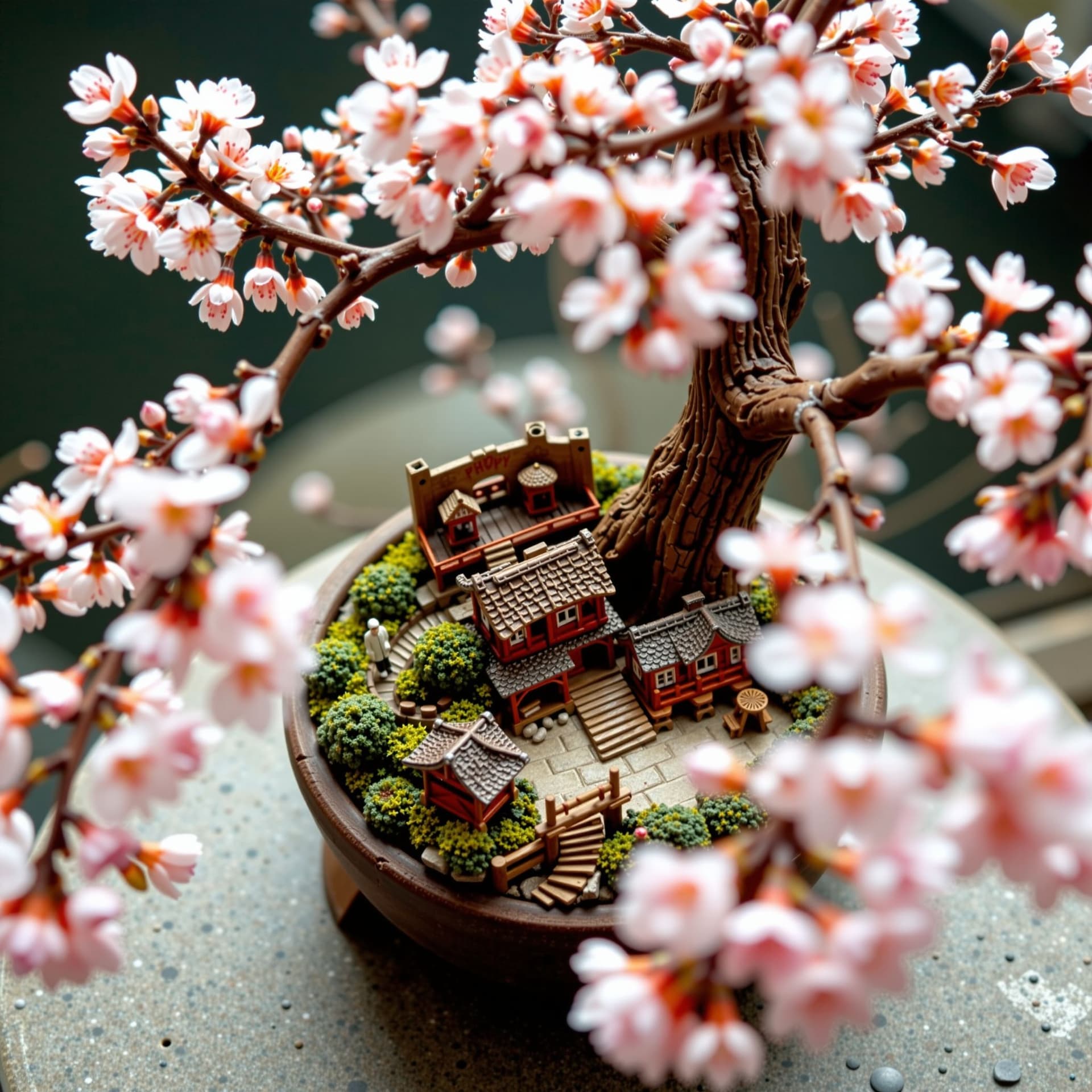 AI generated: Isometric view of a miniature, intricately detailed medieval Japanese village nestled inside a bloom...
