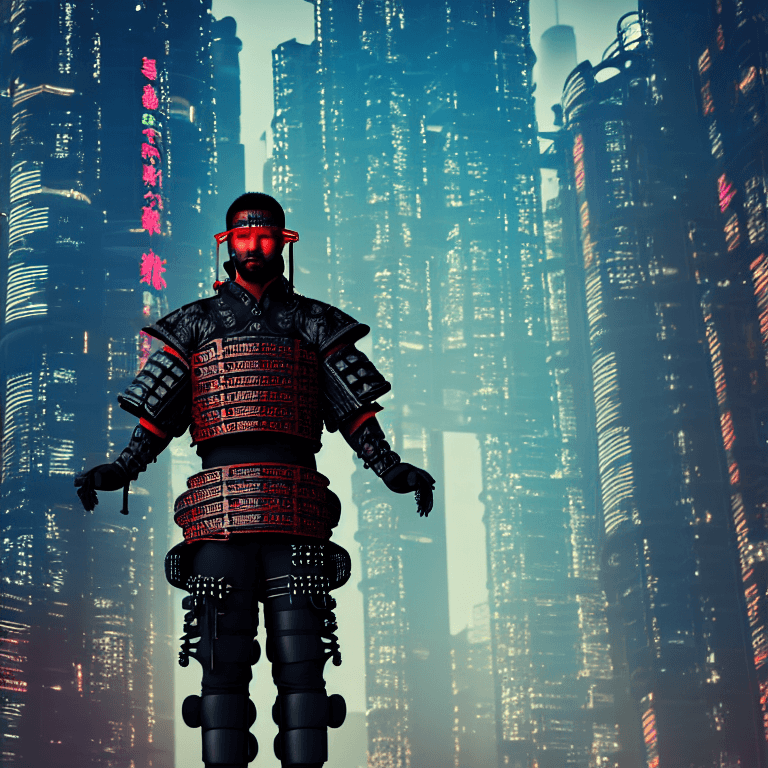 AI generated: High resolution photography of a ultra realistic cyberpunk samurai on a cyberpunk city