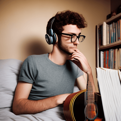 AI generated: 25 year old man with headphones, lost in a book. Curly hair. Glasses perched on his nose. Cozy bedro...