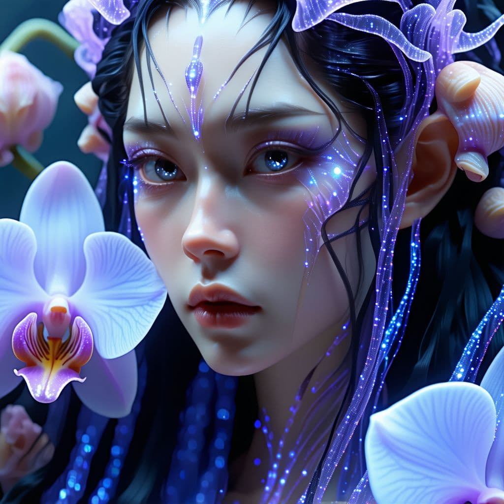 AI generated: Goddess close-up portrait ribcagel. jellyfish phoenix head, nautilus, orchid, skull, betta fish, bio...