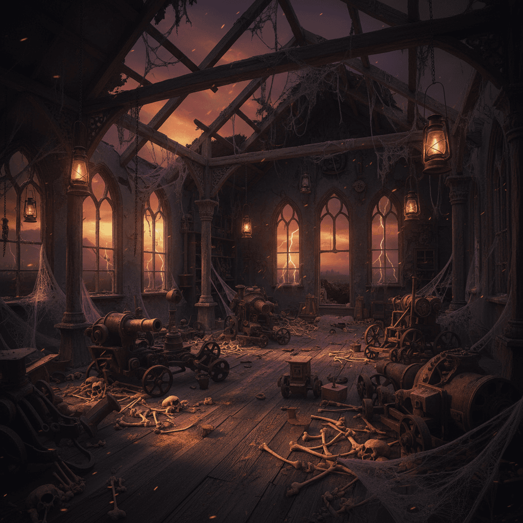 AI generated: 30.	A shadowy attic of forgotten toys, tangled cobwebs, and lanterns glowing dimly. The ground is li...