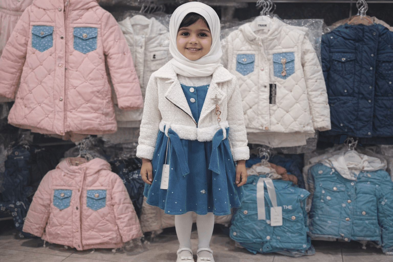 AI generated: Complete image of arabic kid from head to foot . having this clothes back ground in a clothes shop