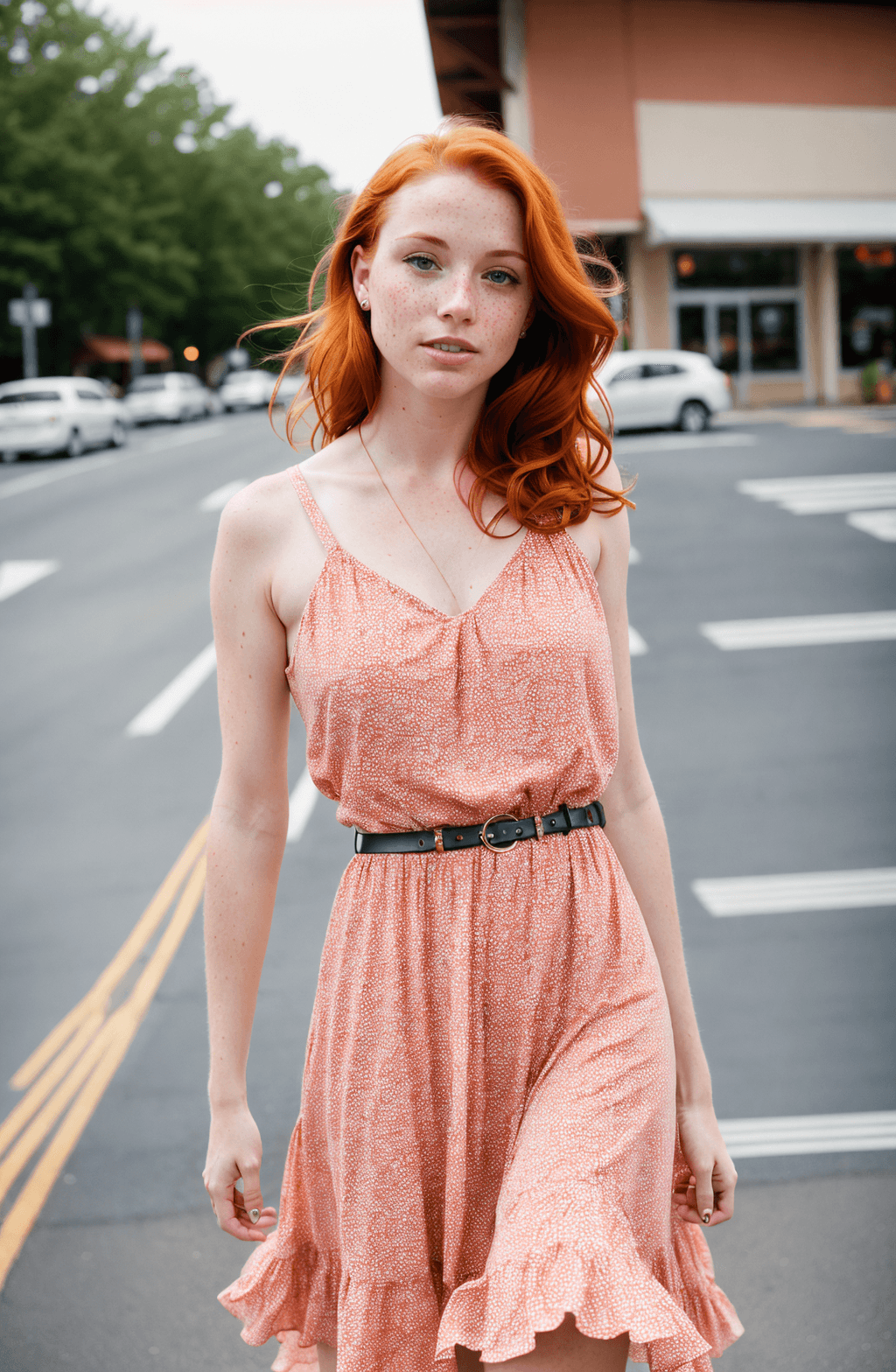 AI generated: Busy City photography, on the road, redheaded woman with freckles walking next to a strip mall, wear...