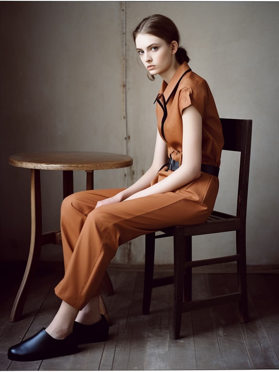 AI generated: a beautiful young woman sitting on top of a chair, official jil sander editorial, monia merlo, brown...