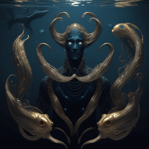 AI generated: Deep oceanic creatures with a golden iris that is a third of the width of the head, mysterious and v...