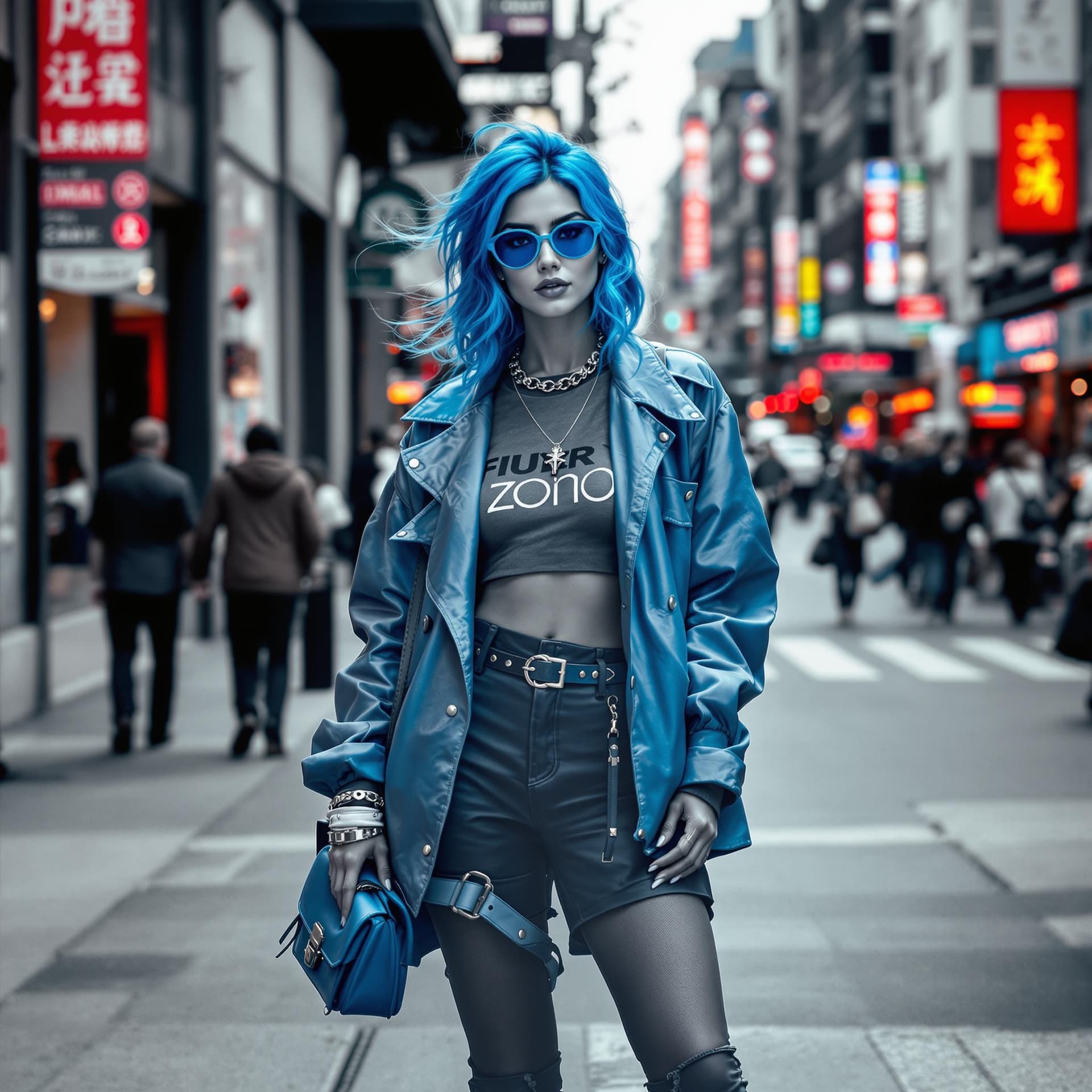 AI generated: Photograph of a fashionable woman, selective coloring, electric blue, stylish urban streetwear, bust...