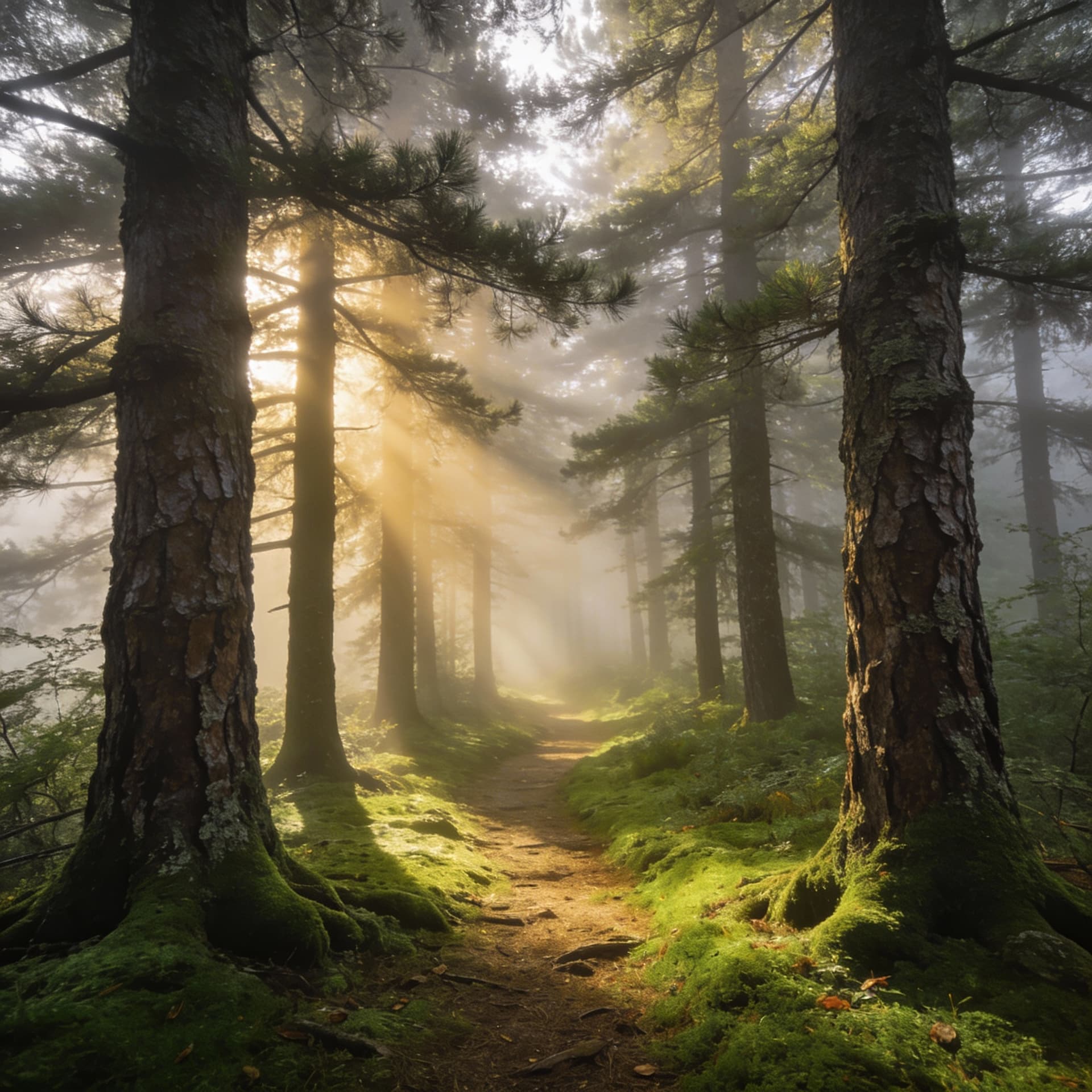 AI generated: A dense pine forest path with morning sunbeams breaking through the fog. Mossy green ground, mysteri...