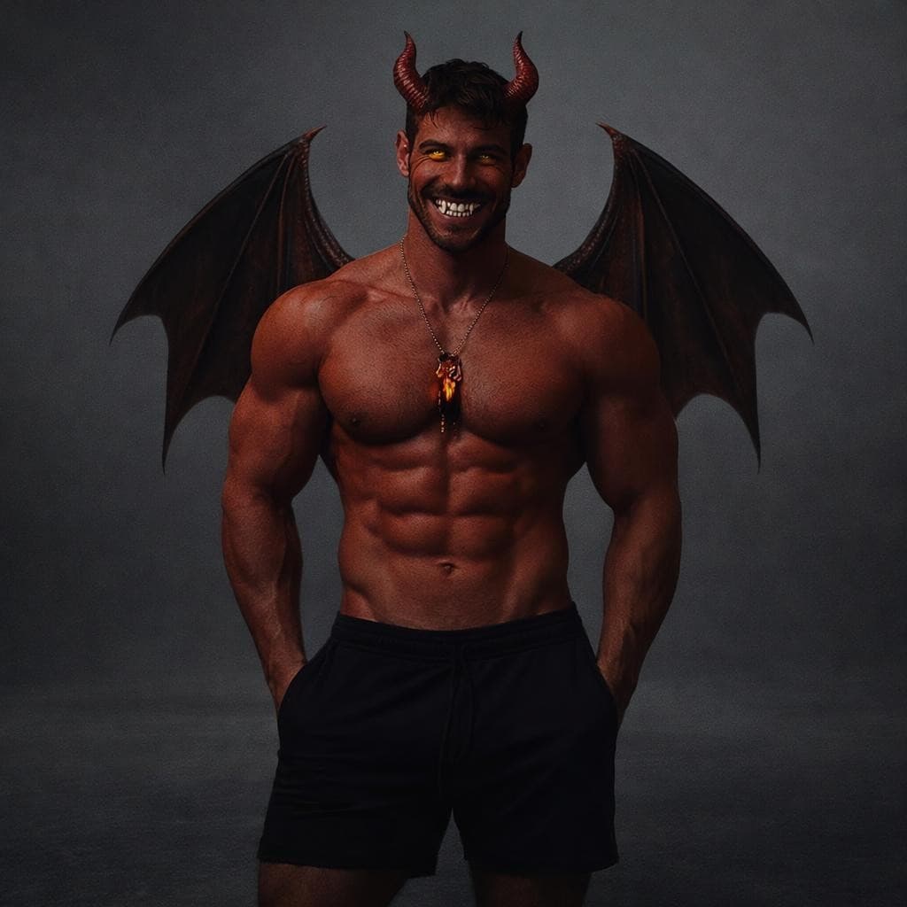 AI generated: make this man into a devil wearing no shirt and black short shorts smiling with teeth like a wolf st...