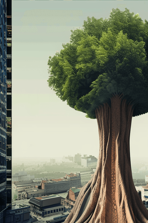 AI generated: a massive tree in the center of the frame with city buildings around it.   Earth life is based off t...