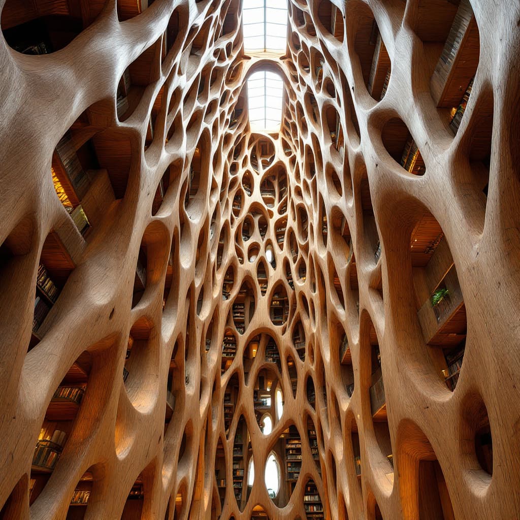 AI generated: interior view of a tall, narrow library space lit from an atrium window at the top, within a contemp...