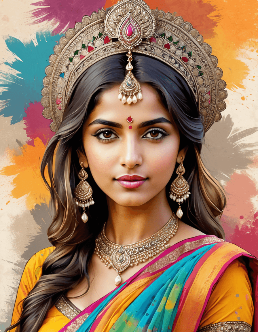 AI generated: bohemian style drawing, a hindi woman with ornate headdress and colorful saree, blotches background