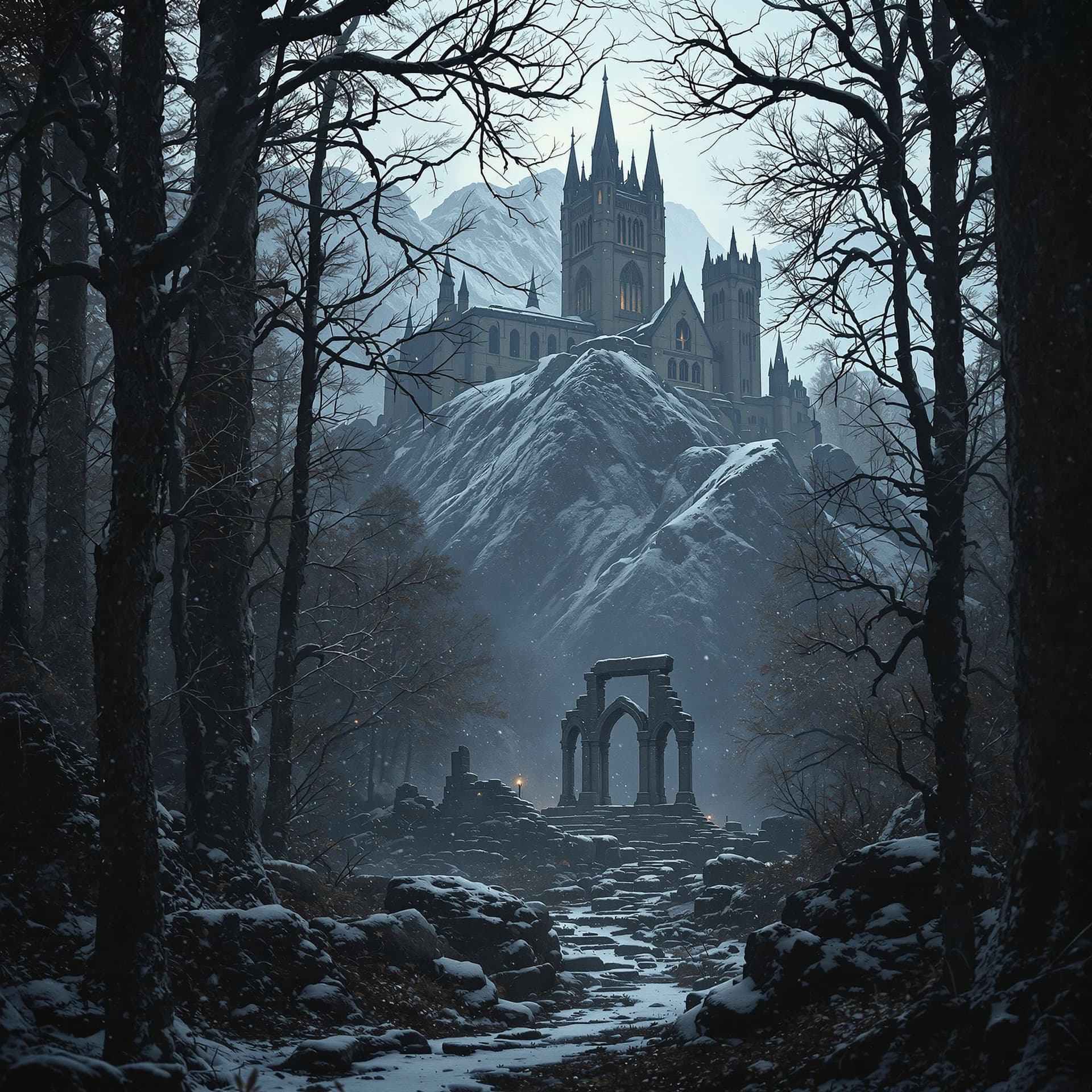 AI generated: A hyperrealistic medieval film scene featuring a forest filled with tall trees and overgrown branche...