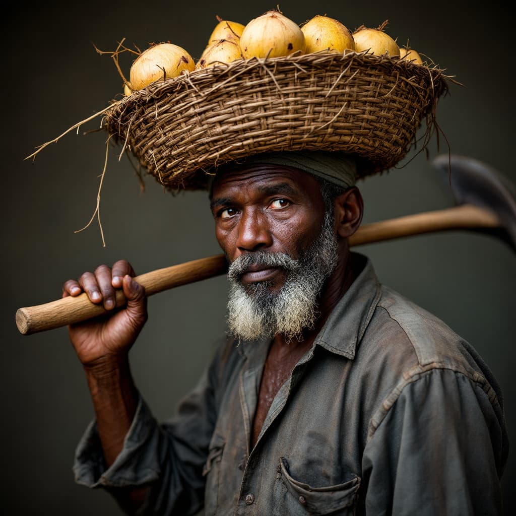 AI generated: Over the shoulder image of a Farmer, with a basket of coconuts on his head and a hoe over his should...