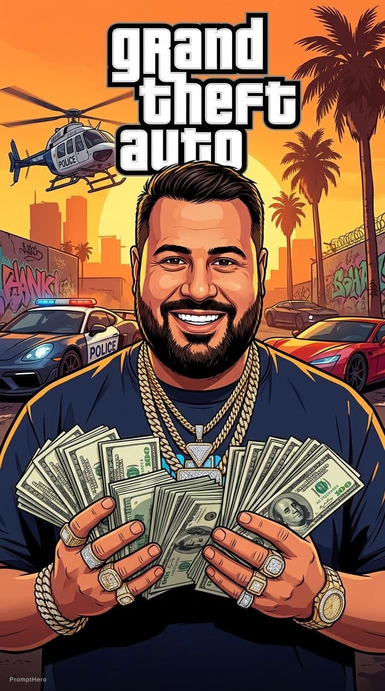 AI generated:  holding a bunch of money, gta art, style of gta v artworks, paid artwork,  high quality 16k digital...