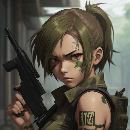 AI generated: a girl holding a gun in her hand, in the style of anime art, light brown and green, strong facial ex...
