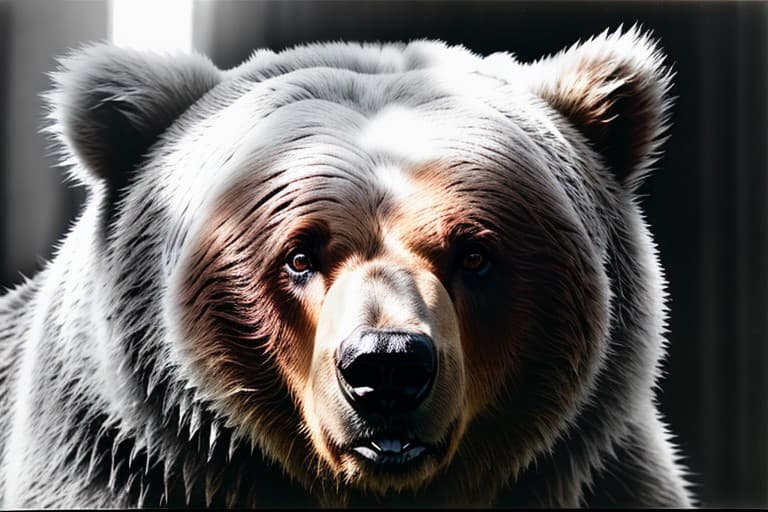 AI generated: raw photo, (crazy head of bear:1.3), (b&w, Monochromatic, Film Photography:1.3), Photorealistic, Hyp...