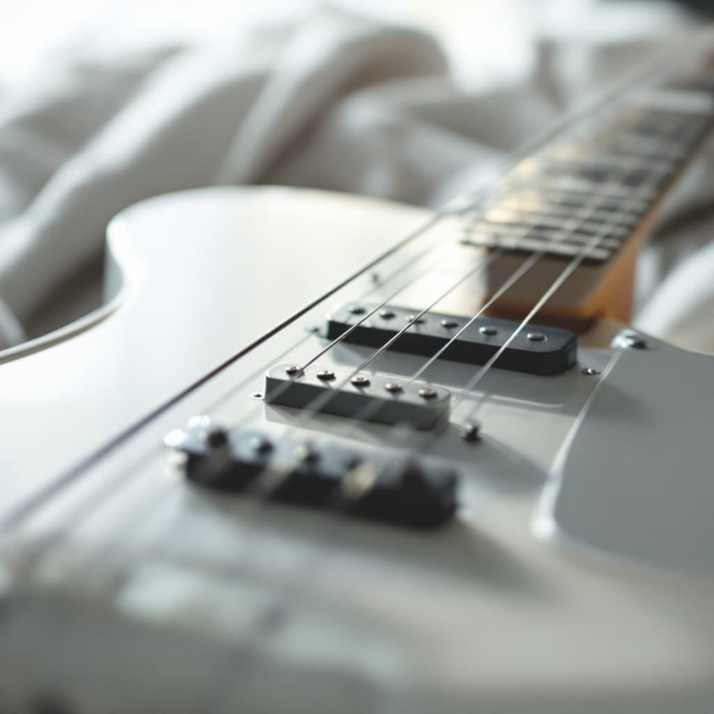 AI generated: high quality photo of a guitar, light, white, Leica 50mm, f1. 4