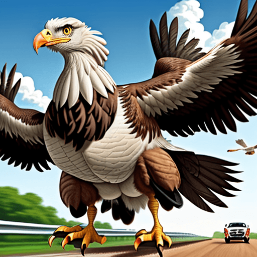 AI generated: A mighty and legendary turkey. The turkey rides on a racing and furious eagle. The turkey is huge an...