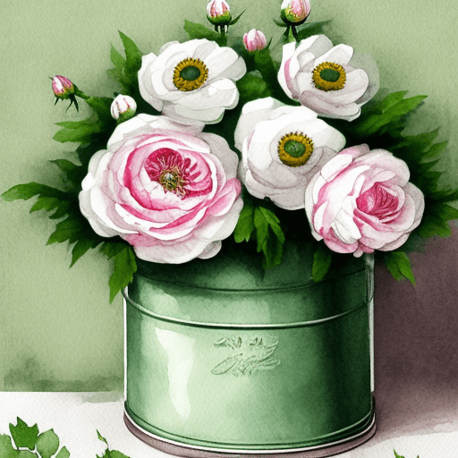 AI generated:  beautiful white flowers roses, anemones peonies and green foliage in a vintage shaped 
tin pail, th...