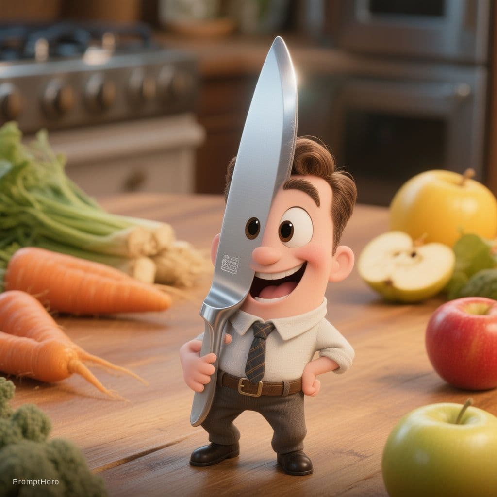 AI generated: একটি সুন্দর 3D **Anthropomorphic Knife** (জীবন্ত ছুরি)। এর বড় বড় উজ্জ্বল এক্সপ্রেসভ চোখ এবং একটি চওড়...