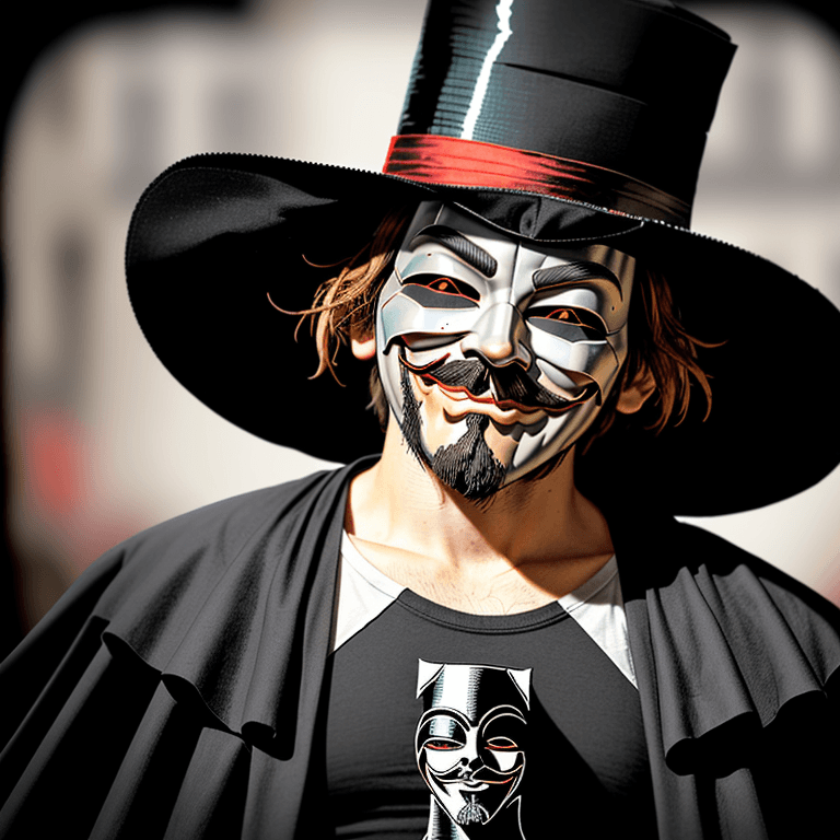 AI generated:  features a person wearing a Guy Fawkes mask, also known as the V for Vendetta mask, and a t-shirt w...