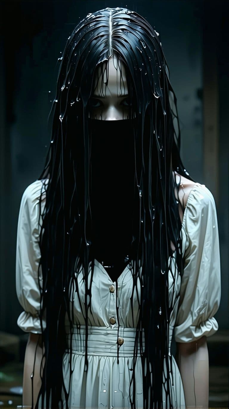 AI generated: A creepy ghost girl with long black wet hair covering her face, wearing a white dress. VHS horror ef...